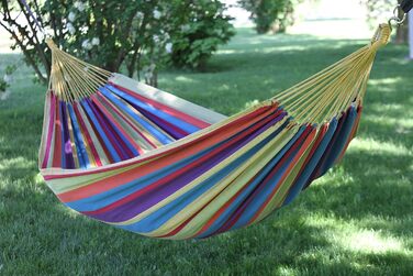 Vivere Double Cotton Hammock in Brazilian Style with Polyester End Loops, Weight Capacity 450 lbs (Tropical)