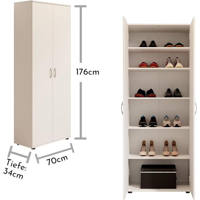 Stella Trading 3 Shoe Cabinet Tall, White - Versatile multipurpose cabinet with adjustable shelves - 70 x 176 x 35 cm (W/H/D)