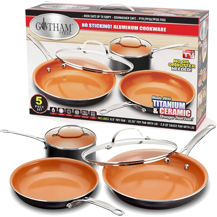 Gotham Steel 5-Piece Kitchen Essentials Cookware Set with Ultra Non-Stick Copper Coating, Dishwasher Safe, Cool-Touch Handles - Includes Frying Pans, Stock Pot, and Glass Lids