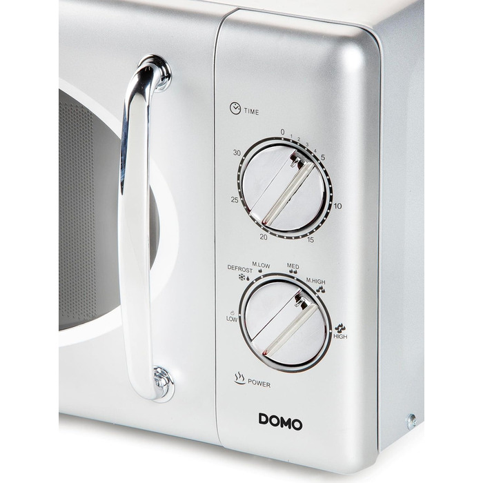 Мікрохвильова піч DOMO DO3125 Retro, 25L, 900W, білий/сріблястий, 6 рівнів потужності, таймер до 30 хв, функція розморожування, звуковий сигнал