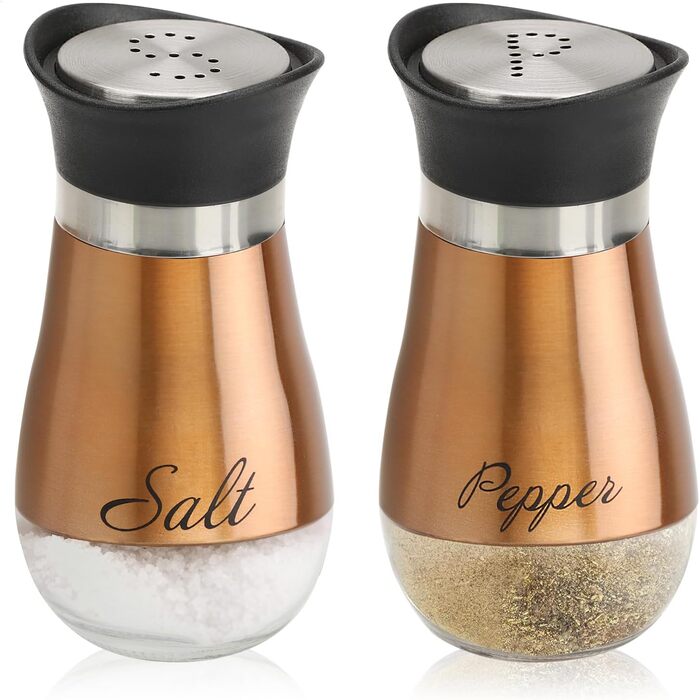 Набір для солі та перцю Com-Four® 2 шт. з нержавіючої сталі та скла - солянка та перечниця - набір спецій з написом для кухні та ресторану (мідний)