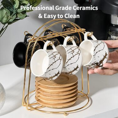 Керамічні чашки для кави та чаю з дерев'яними підставками та металевим стійком (6 шт., 130 мл) - Elegantes Option 2