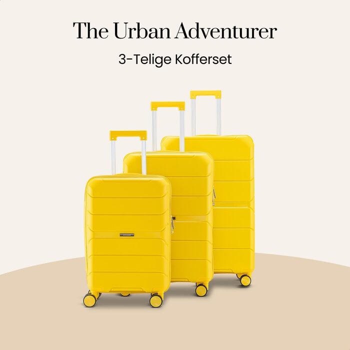 Набір валіз Urban Adventurer з 3 предметів, жовті, пластикові (твердий корпус), з кодовим замком та 4 колесами, об'єм 232 л