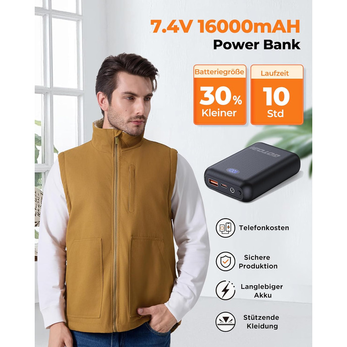 Електрична гріюча жилетка для чоловіків з Powerbank 16000mAh, 7,4V, 9 зон обігріву, канвас, фліс, регулювання температури, khaki XXL