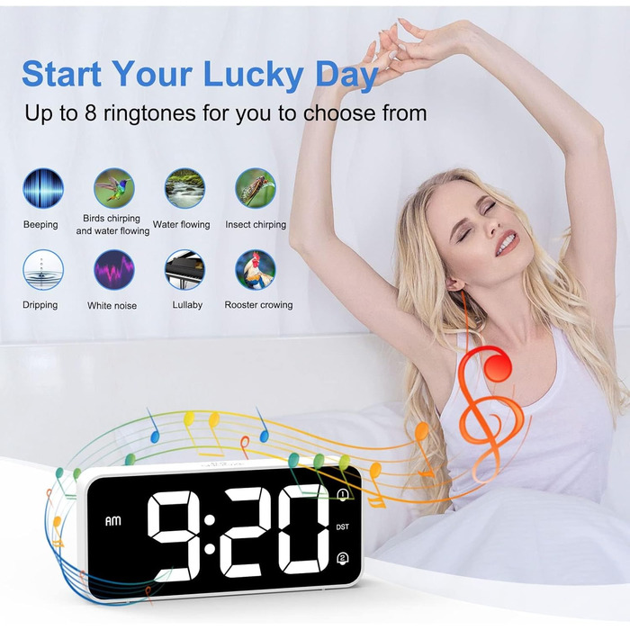LED-годинник з будильником LATEC з двома тривогами, USB-зарядкою, регулюванням яскравості та гучності, 8 мелодій, 12/24 год, мережевий
