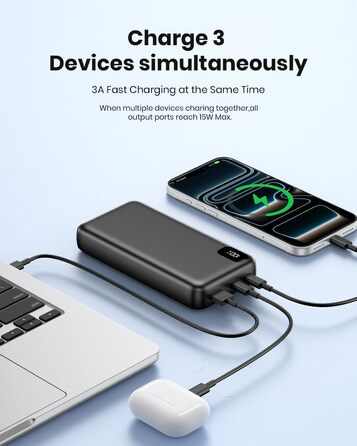 Power Bank A ADDTOP 20000mAh 65W: зарядний пристрій для ноутбука, iPhone, iPad. 2 USB-C, 1 USB-A. Чорний