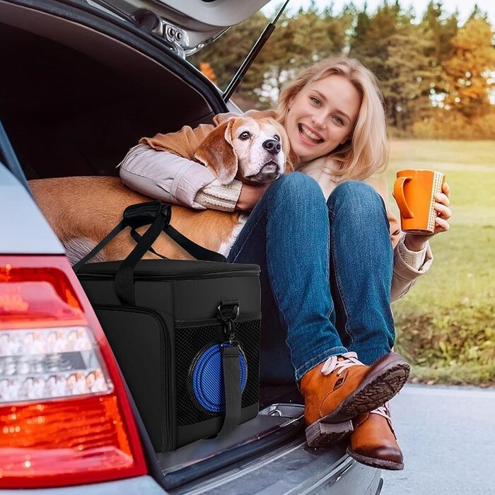 Чорна сумка для собак у подорожі, схвалена авіакомпаніями, з двома складними мисками та кишенькою для ласощів