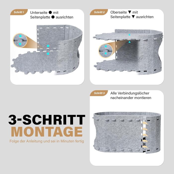 Felt Cat Cave Bed Cat House for Indoor Cats, Cave with 2 Soft and Warm Cushions, Winter-Proof, Protects Cat Claws, 58W x 33D x 30H cm, (Gray)