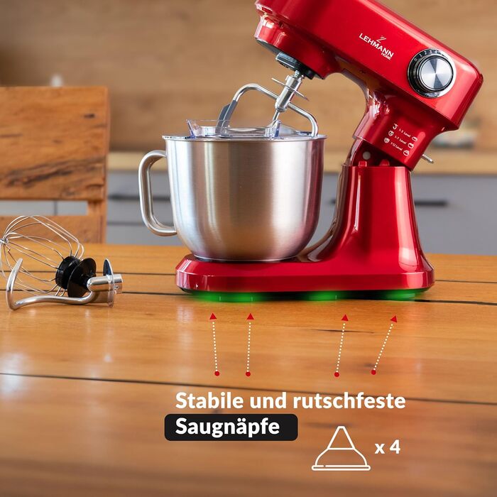 Кухонна машина LEHMANN 1500W з набором аксесуарів, планетарний міксер з чашею 5л, 12 швидкостей, захист від перегріву, червоний