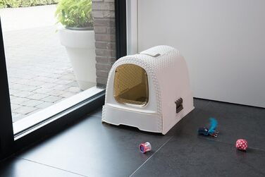 Котячий туалет Curver Petlife з кришкою, лоток для котів з совочком, сучасний дизайн плетіння ротангу, 51,5 x 38,5 x 40 см (слонова кістка)