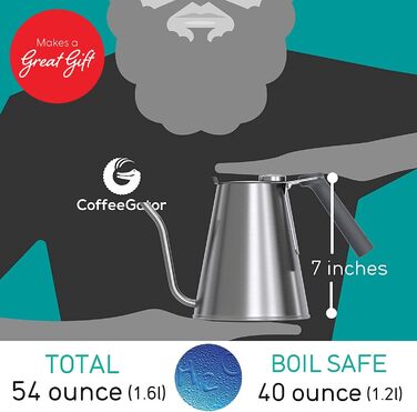 Coffee Gator True Brew Pour Over Coffee Kettle – Professional Pouring Kettle with Precise Swan Neck Spout, Integrated Thermometer, and Quick Fill Lid – Suitable for All Stove Tops – 1.6l