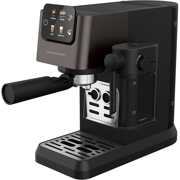 GRUNDIG KSM 5330 Espresso Machine with Integrated Milk Container, 1628 W Power, 15 bar Pump Pressure, Dual Nozzle, Color Touch Display, BrewSense, CreamyPro, Dark Inox/Black. With Milk Container