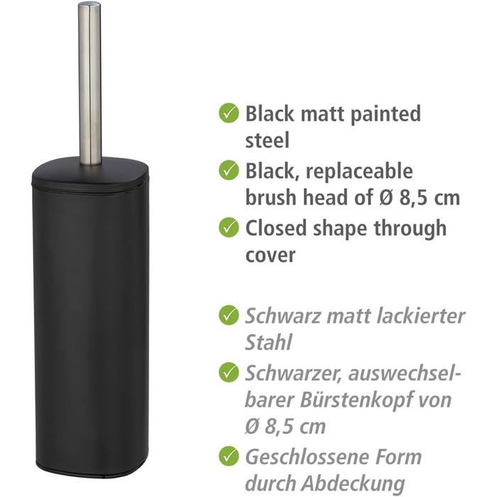 Набір для туалету WENKO Alassio: щітка для унітазу з висувним змінним наконечником (8,5 см), чорний, сталь, 9,3 x 39,2 x 9,3 см