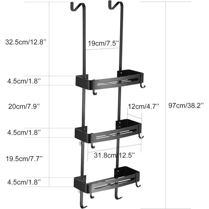 Двоярусна полиця для душу MOGFCT з гачками, з нержавіючої сталі, для ванної кімнати, чорна