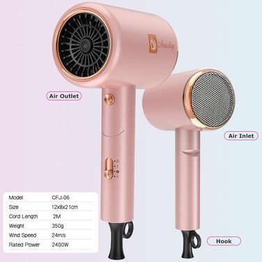 Фен для волосся іонний Haartrockner 2400W з дифузором та насадками, складаний дорожній фен з контролем температури, рожевий