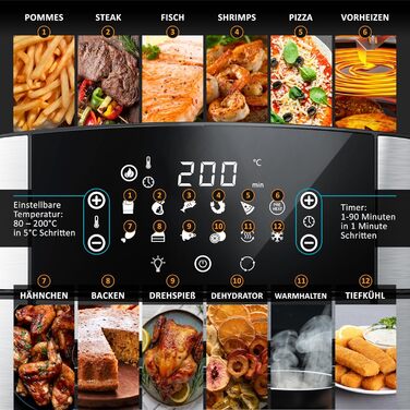 Фритюрниця Arendo XXL 16 літрів: духовка, гриль, сушарка, Air Fryer з сенсорним екраном EasyClean без олії. Ідеально для піци, курки та картоплі фрі. Без BPA.