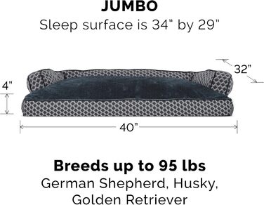 Крісло-ліжко для собак Furhaven з подушкою, великих порід, зйомні валики для шиї та знімний чохол, плюшеве та тканинне оздоблення, зручне диван, сірий діамант, Jumbo/XL. Зручне ліжко для собак - плюш та тканина, сірий діамант jumbo