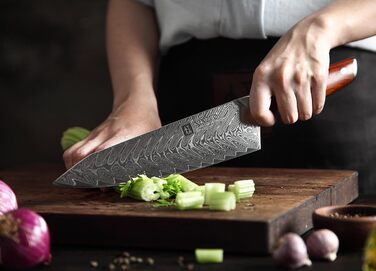 Ніж кухарський XINZUO Damaststahl Kiritsuke 21см, професійний, з ручкою з рожевого дерева, з магнітною підставкою