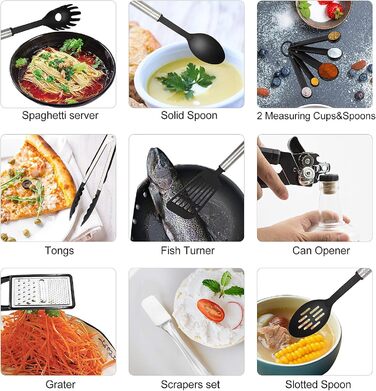 Kitchen Helper Set, 43 Pieces Kitchen Accessories Cooking Utensil Set made of Stainless Steel & Nylon, Heat-Resistant Home Kitchen Cooking Utensils - Spoon, Tongs, Whisk, Spatula, Pasta Server, Ladle, Turner.