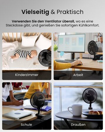 Mini вентилятор Pro Breeze з кліпсою, 20 см, 2 швидкості, тихий, для столу, офісу, кімнати (Чорний)
