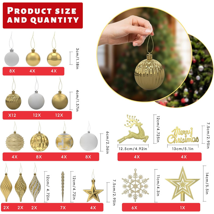Набір прикрас для ялинки Aufun 108 шт. Преміум якість, пластик, з верхівкою, ялинкові кулі, зірки, безпечні прикраси, ялинкові кулі багаторазового використання, декор для ялинки (шампань, срібло)