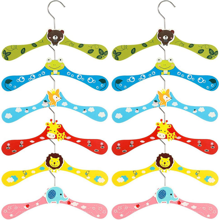 Дерев'яні вішалки для дитячого одягу з мотивом тварин, 12 шт.