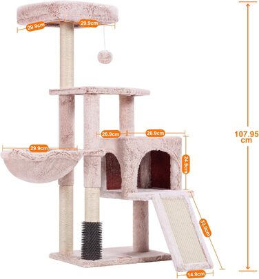 Котячий будиночок Heybly з щіткою для котів, котячий будиночок для домашніх котів з оббитою м'якою стійкою, котячий когтетоп з кошиком, когтеточкою та когтедровом, HCT005SG (коричнево-бежевий)