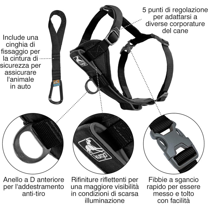 Шлейка для собак Kurgo TRU-Fit – анти-тягнуча, навчальна, з кріпленням для безпечного паску, чорна, розмір S