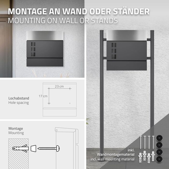 Поштова скринька настінна ECD Germany з газетницею, антрацит/срібло, 37x10.5x36.5 см, нержавіюча сталь, вікно огляду, 2 ключі, кріплення. Сучасний дизайн.