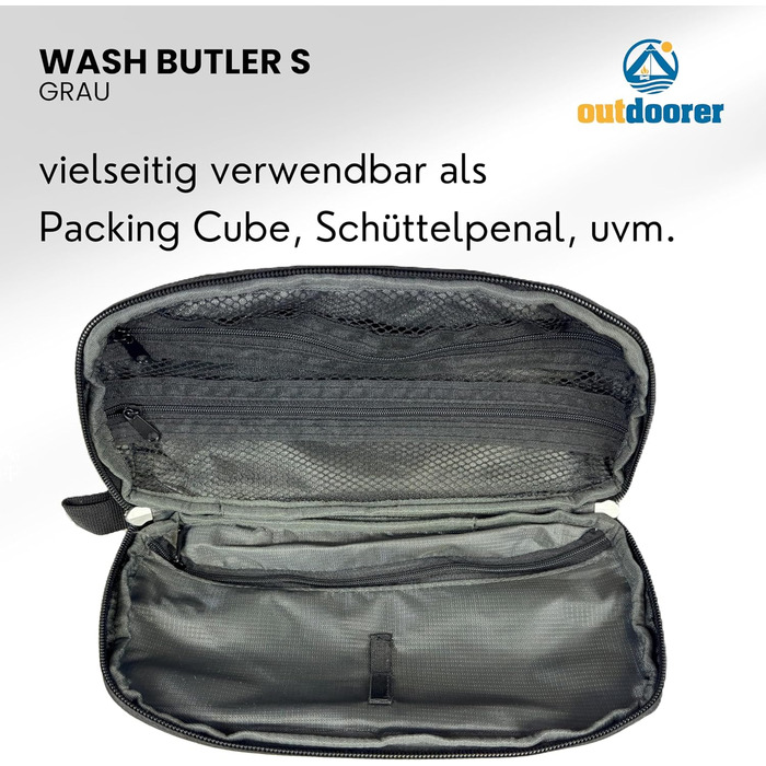 Wash Butler S від Outdoorer - компактна сіра дорожня косметичка для чоловіків та жінок, водонепроникний матеріал, ідеально підходить для подорожей, кемпінгу та ручної поклажі