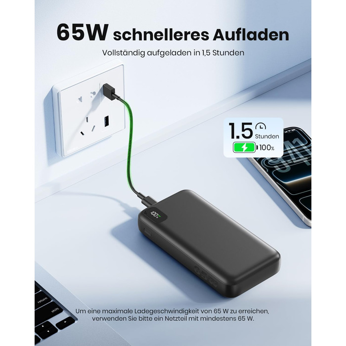 Power Bank A ADDTOP 20000mAh 65W: зарядний пристрій для ноутбука, iPhone, iPad. 2 USB-C, 1 USB-A. Чорний