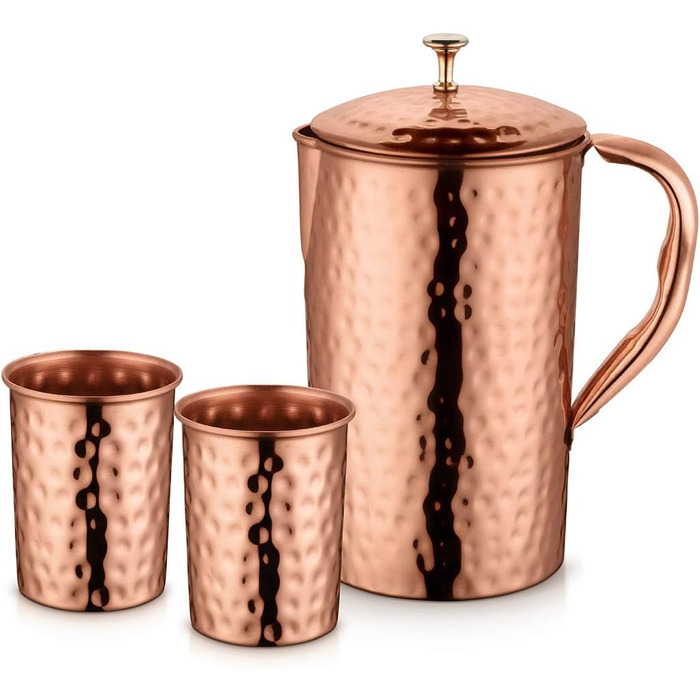 Handmade copper jug, 1.5 liters, and 2 glass beakers, for storing and serving water, suitable for restaurants, hotels, and homes.