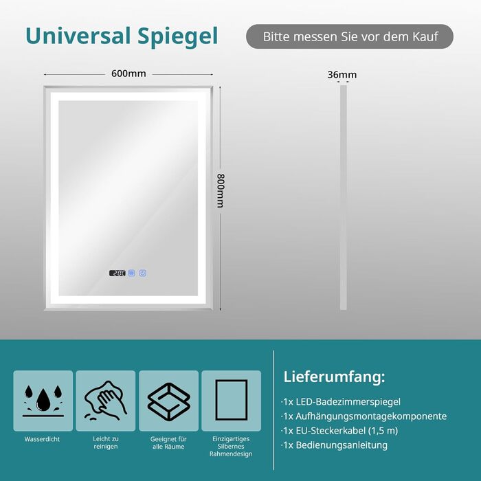 Дзеркало YOURLITE з підсвічуванням, 70x50 см, LED дзеркало для ванної кімнати з сенсорним вимикачем, годинником, 3 кольори світла, регулювання яскравості, запобігання запотіванню, пам'ять налаштувань, срібло