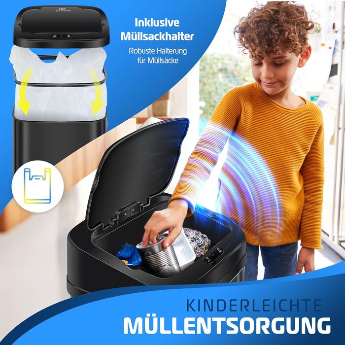 Відро для сміття KESSER® Sensor 40 л з автоматичним відкриванням, сенсором руху, м'яким закриванням кришки та LCD-дисплеєм. Нержавіюча сталь, з тримачем для мішка.