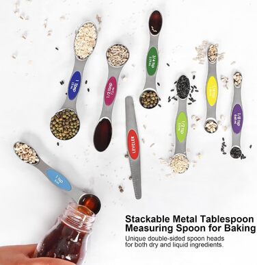 Multicolor magnetic measuring spoon set with leveler, stainless steel, stackable, fits spice jars – for baking and kitchen use