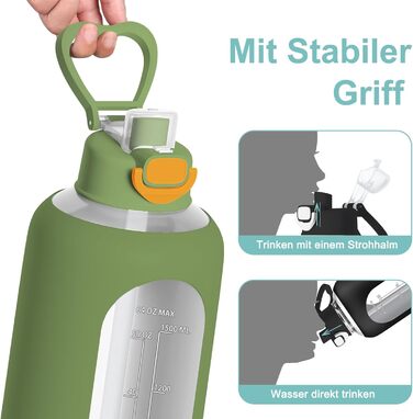 2 Liter Glass Water Bottle, 2L Glass Bottle, Glass Water Bottle with Straw, Bottle Brush, (Green)