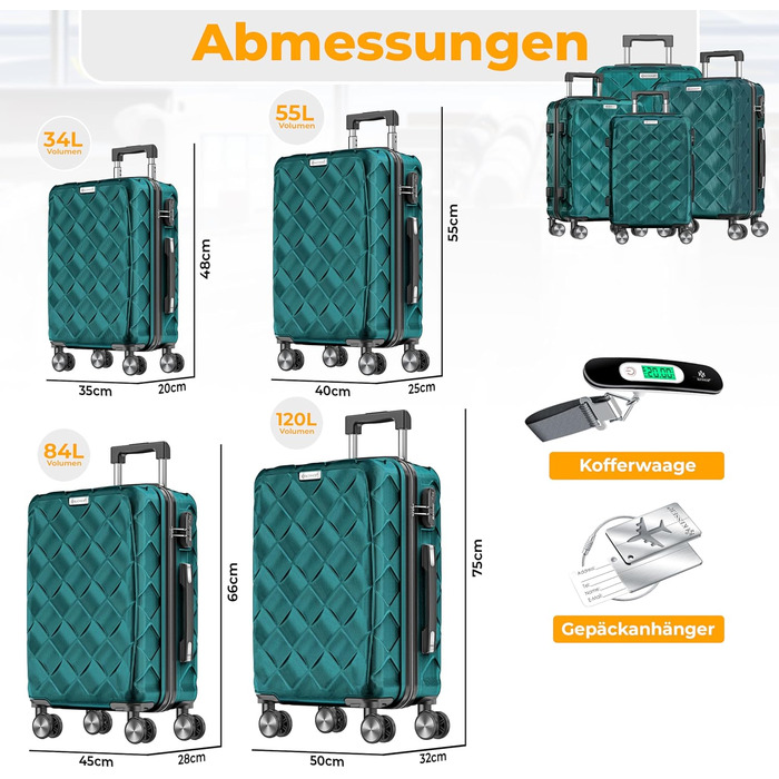 Набір валіз KESSER® 4 в 1 | Валізи з ABS, кодований замок, ваговою вагою та органайзером для подорожей | Ручна та велика валіза для бізнесу та подорожей, Petrol