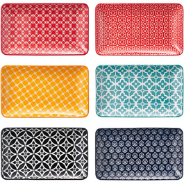 DOWAN Сервірна таця 6-ти місна - Bone China, прямокутна, 20.5 см - для закусок, суші, фруктів, салату, десерту. Можливе використання в мікрохвильовій печі, духовці, миєвій машині. Багатобарвна