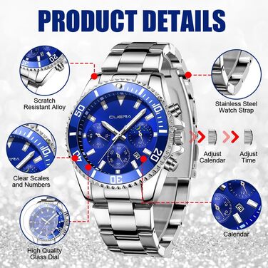 Годинник чоловічий OFF-CUP з датою, кварцовий хронограф, водонепроникний, з нержавіючої сталі, аналоговий, для чоловіків. Стильний аксесуар для бізнесу та повсякденного носіння. Елегантний подарунок. Колір: срібно-блакитний.