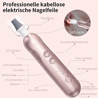 Електричний набір для манікюру та педикюру AOMEES з 9 насадками, LED-підсвічуванням та сумкою (Champagnergold)