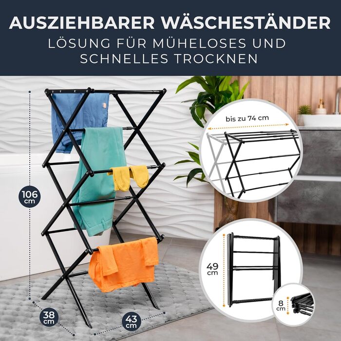 Сушарка для білизни складана, міцна, 6 рівнів, чорна (біла/чорна) - для балкону та дому