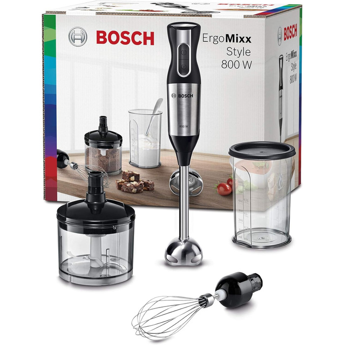 Блендер занурювальний Bosch ErgoMixx Style MS6CM4150, 800 Вт, 12 швидкостей, нержавіюча сталь, 4-лезове лезо, віночок, мірний стакан, подрібнювач 500 мл