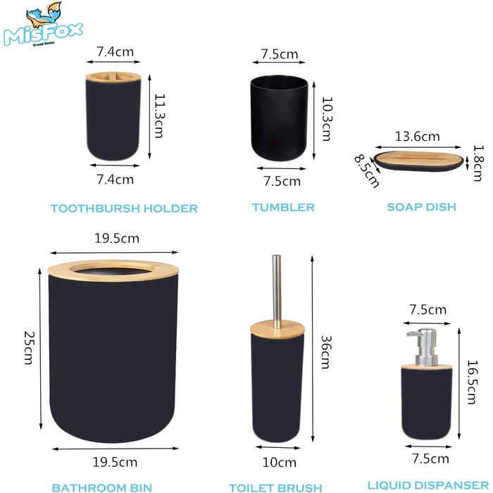Набір для ванної кімнати MisFox з бамбука (6 предметів): диспенсер для лосьйону, сміттєвий бак, тримач для зубних щіток, стаканчик для зубної пасти, щітка для унітазу, мильниця. Чорний колір.
