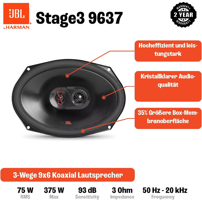 Автомобільні динаміки JBL Stage3 9637 3-смугові, 375 Вт, 6x9'' (152x230 мм), чорні з решіткою від Harman Kardon