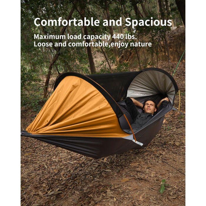 Гамак для кемпінгу 4-в-1 з москітною сіткою та знімним сонцезахистом, 290x140 см, для відпочинку на природі, пікніків, походов та подорожей. Армійний зелений та помаранчевий кольори.