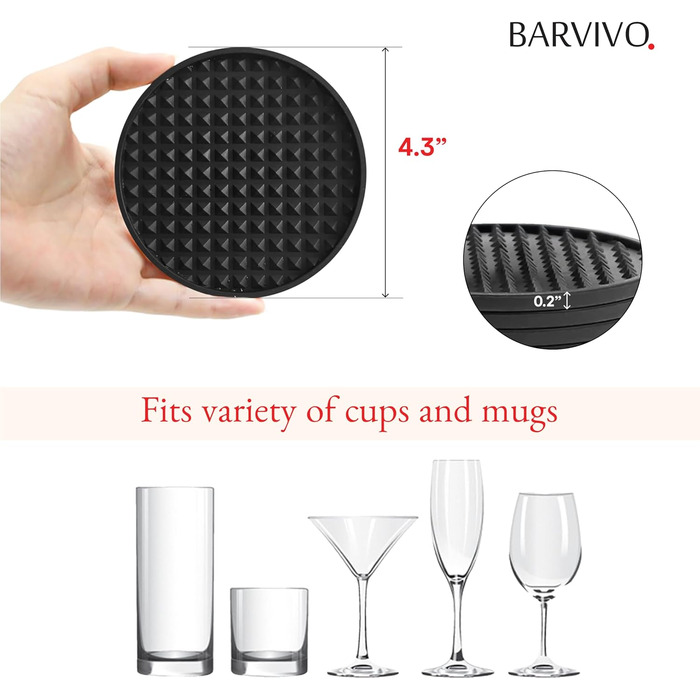 BARVIVO Coasters by Barvivo, Set of 8 Silicone Coasters in Black with Triangles - Drink Coasters to Protect Wood, Glass, or Marble Surfaces - Cup Coasters