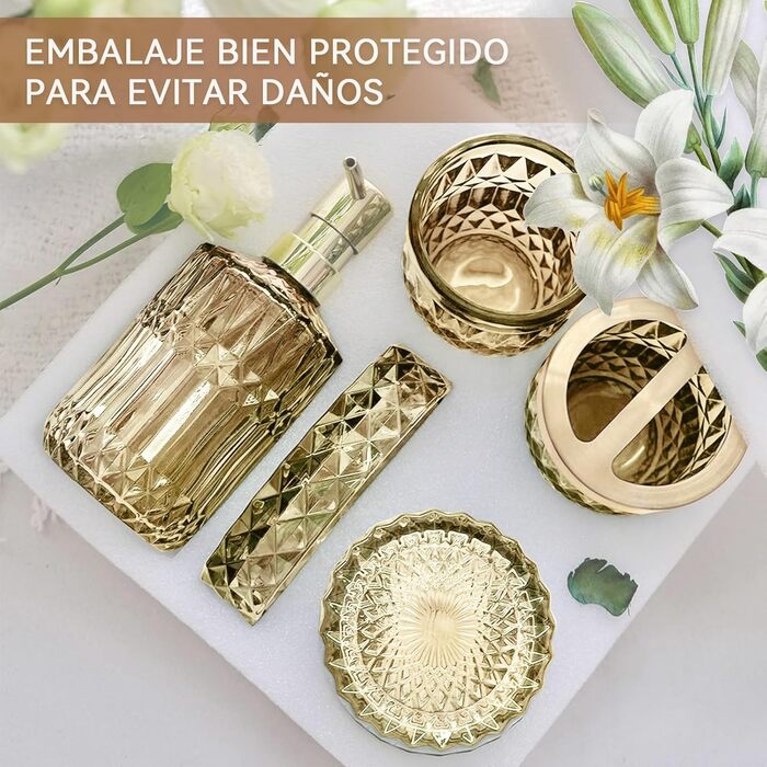 Набір аксесуарів для ванної кімнати з 5 предметів, золото, скло: диспенсер для лосьйону, мильниця, тримач для зубних щіток, стакан, ватні палички. Сучасний дизайн, вінтажний подарунок