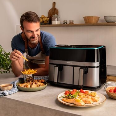 Фритюрниця без олії Cecotec Cecofry Advance 9000 Window 9L. 2200W, рухома перегородка, Dual Temp 80-200ºC, PerfectCook, 2 кошики (5,5 + 3,5L)