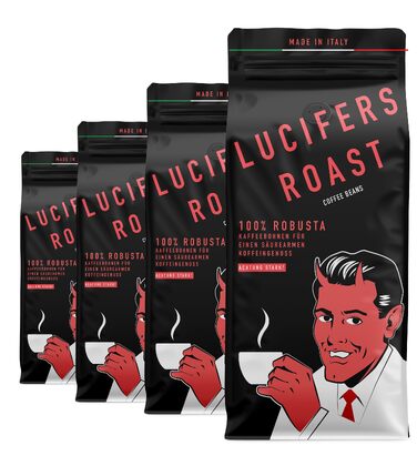 Кава в зернах LUCIFERS ROAST 100% Робуста, міцний еспресо темного обсмаження (Dark Roast), низька кислотність, для кавомашин та ріжкових кавоварок, 4 x 1 кг