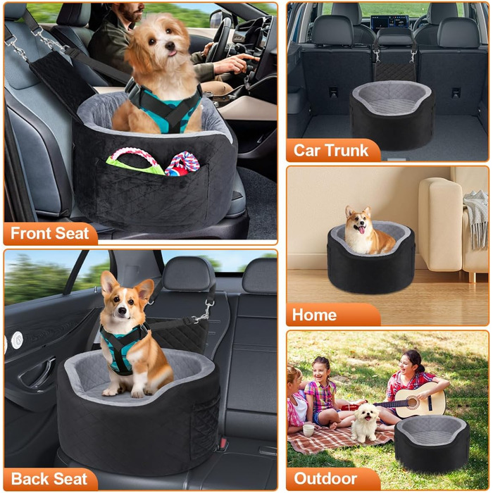 Автокрісло для собак - чорне автокрісло-бустер для маленьких собак з піною Memory Foam 28D, неслизька водонепроникна підкладка, переноска для подорожей з кишенями та ковдрою, чорний